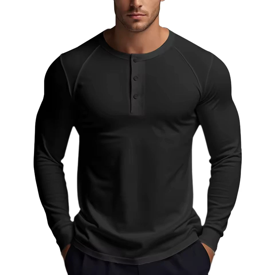 Men’s Stretch Cotton Henley Long Sleeve T-Shirt