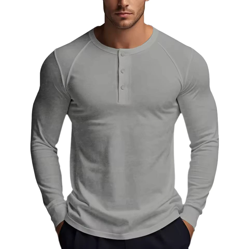 Men’s Stretch Cotton Henley Long Sleeve T-Shirt