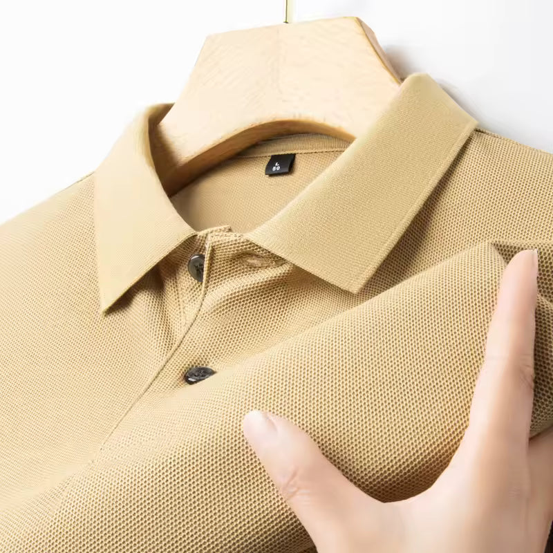 Close-up of the Khaki men's cotton polo knit and collar