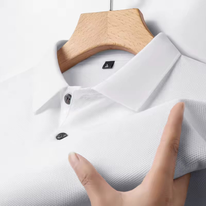Close-up of the White men's cotton polo knit and collar