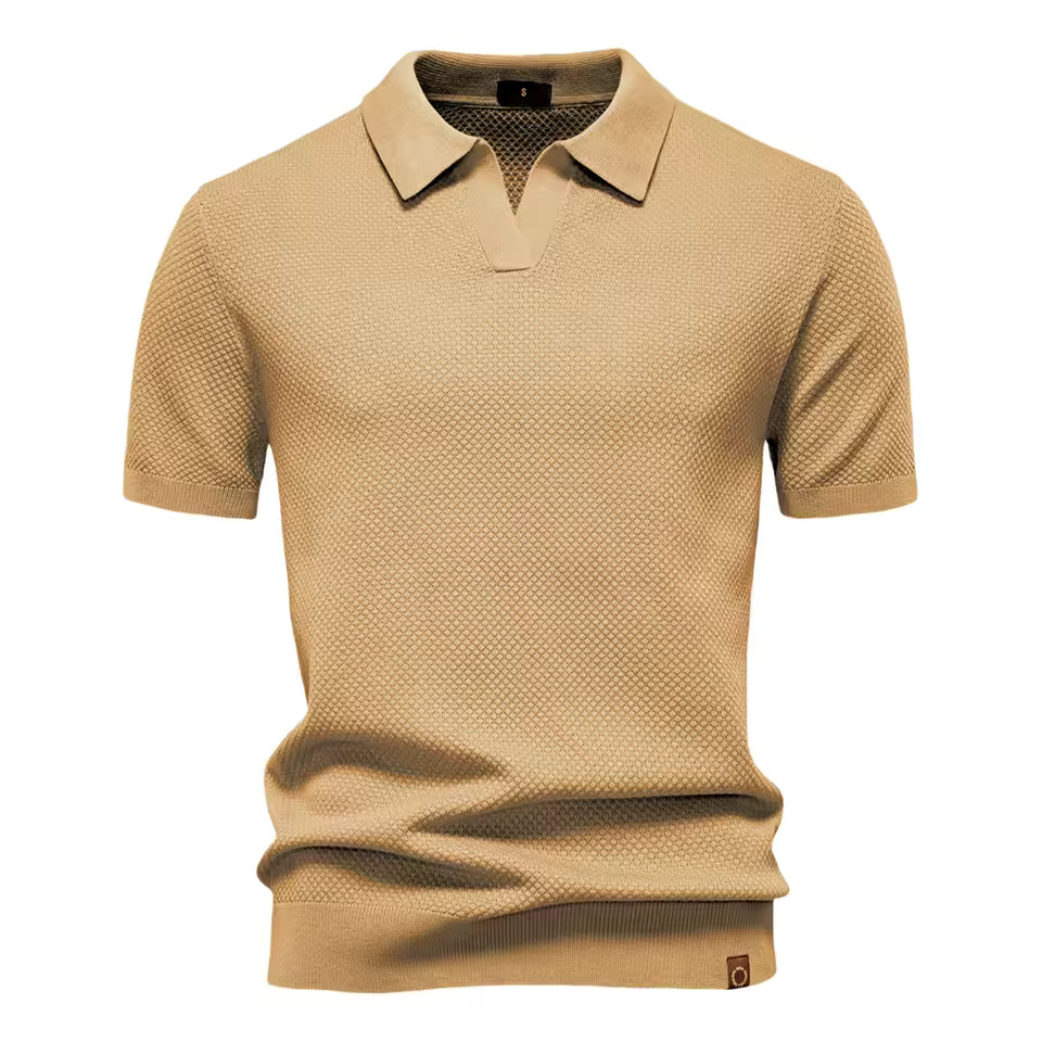 Men's open-collar textured knit polo in Camel