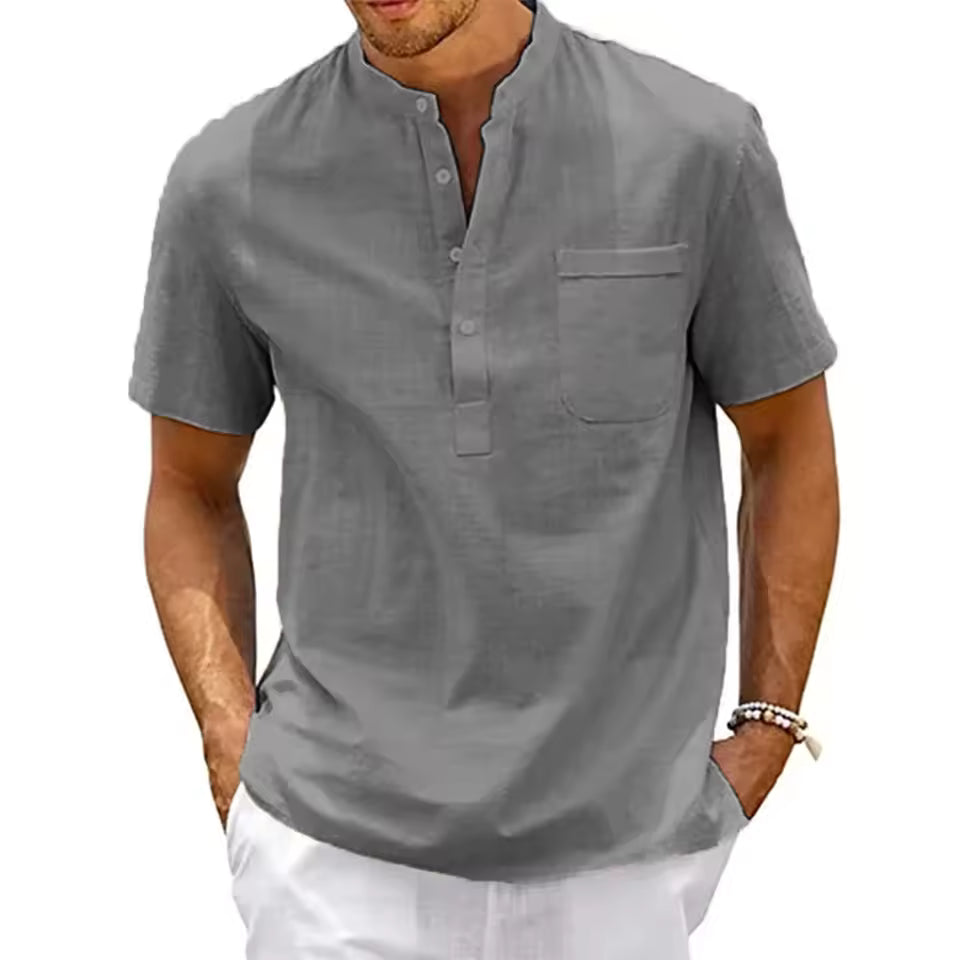 Men's Lightweight Cotton-Linen Henley T-Shirt in Grey