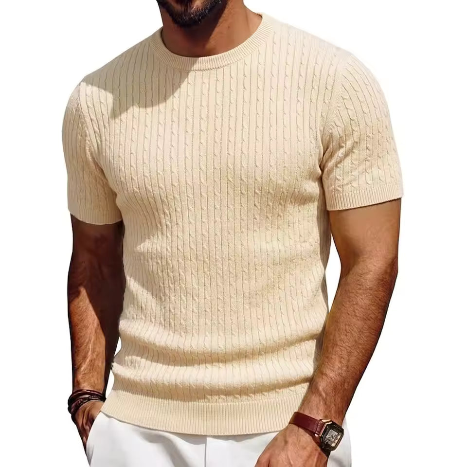 Men's Lightweight Cable-Knit T-Shirt in Beige