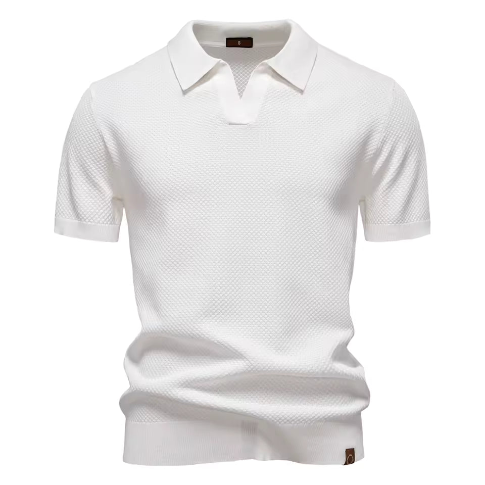Men's open-collar textured knit polo in White