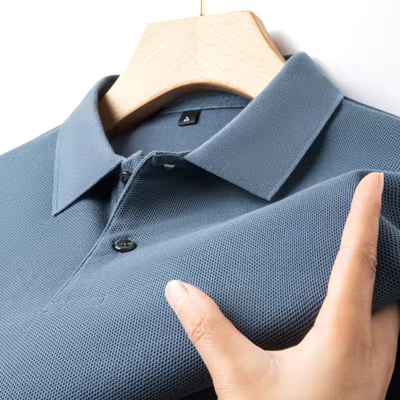 Close-up of the Blue men's cotton polo knit and collar