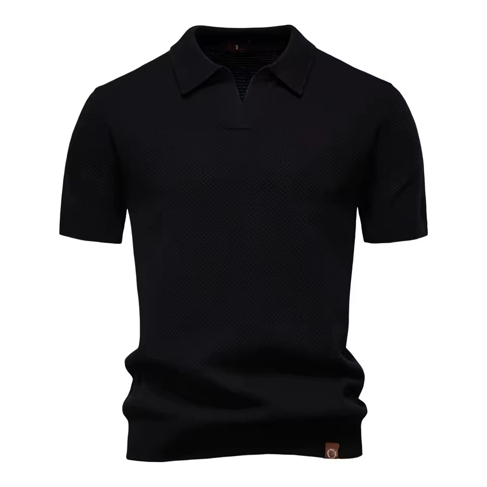 Men's open-collar textured knit polo in Black