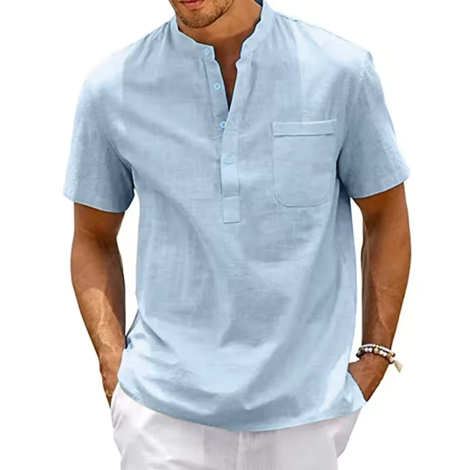 Men's Lightweight Cotton-Linen Henley T-Shirt in Light Blue
