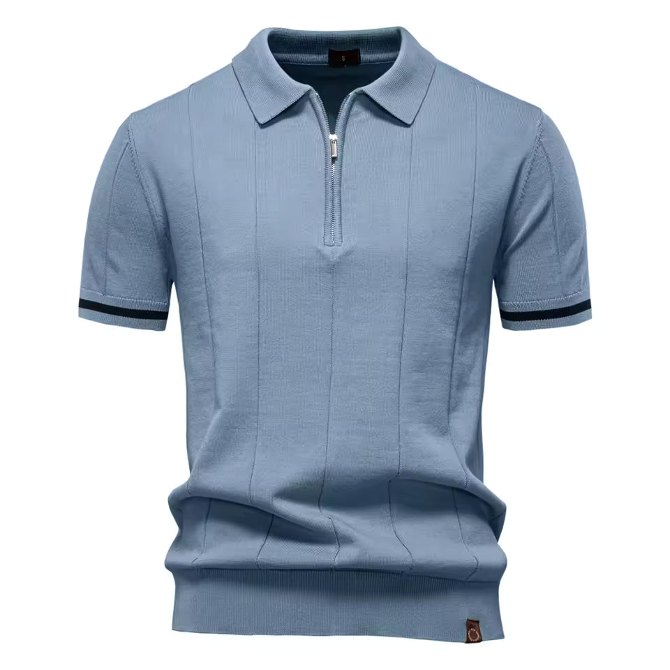 Men's breathable quarter-zip knit polo in Sea Blue