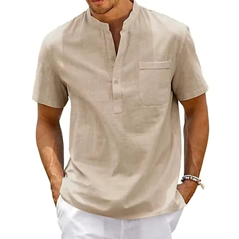 Men's Lightweight Cotton-Linen Henley T-Shirt in Khaki