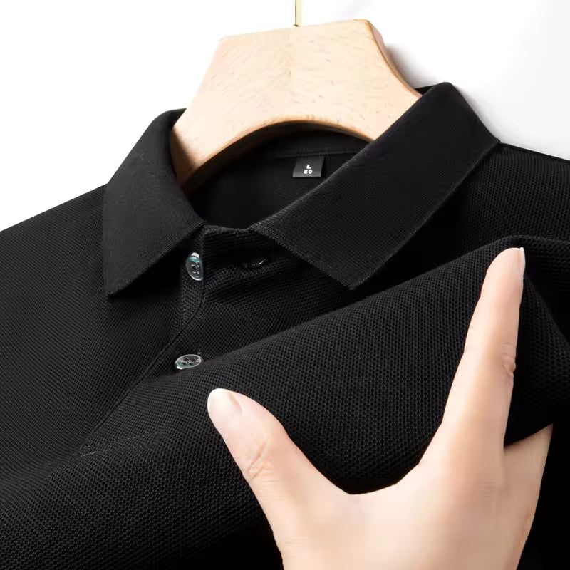 Close-up of the Black men's cotton polo knit and collar