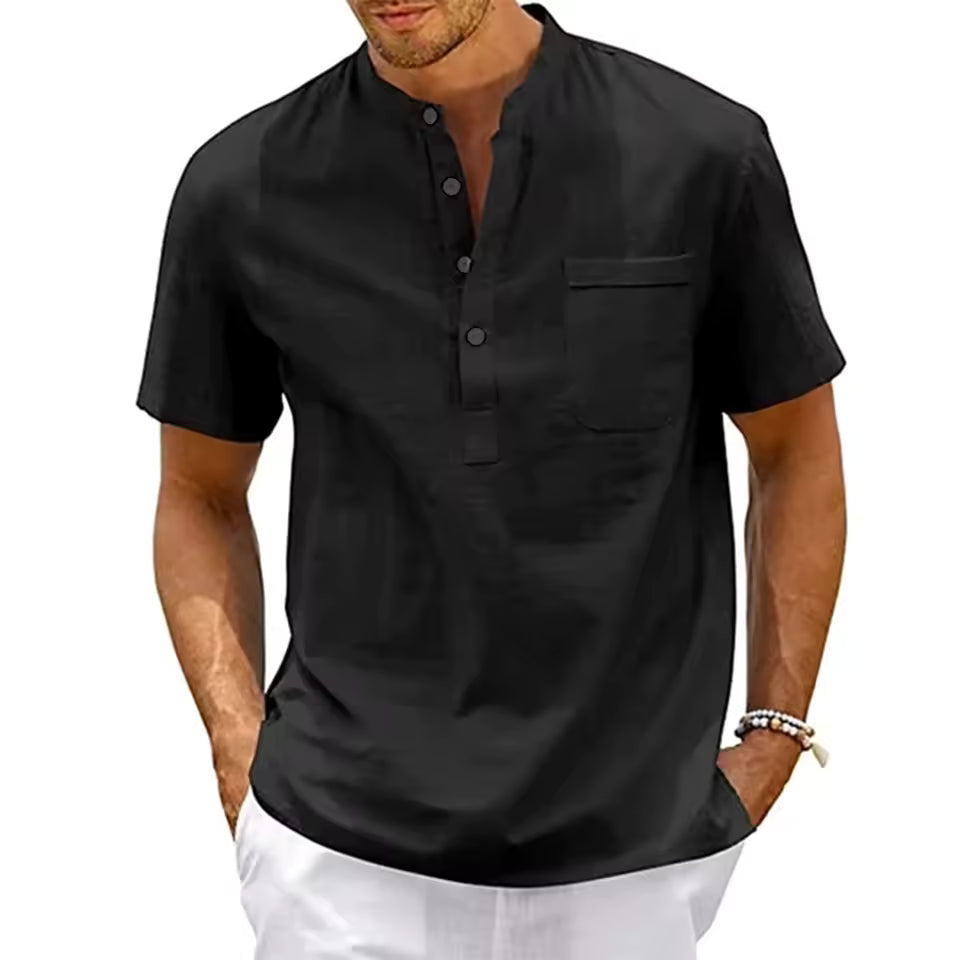 Men's Lightweight Cotton-Linen Henley T-Shirt in Black