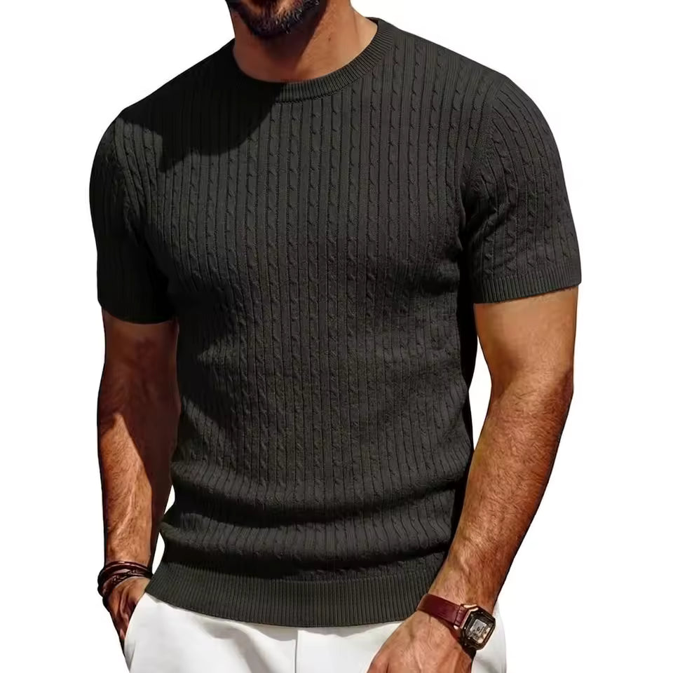 Men's Lightweight Cable-Knit T-Shirt in Black