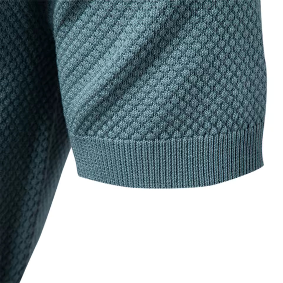 Close-up of the Blue men's open-collar polo knit texture
