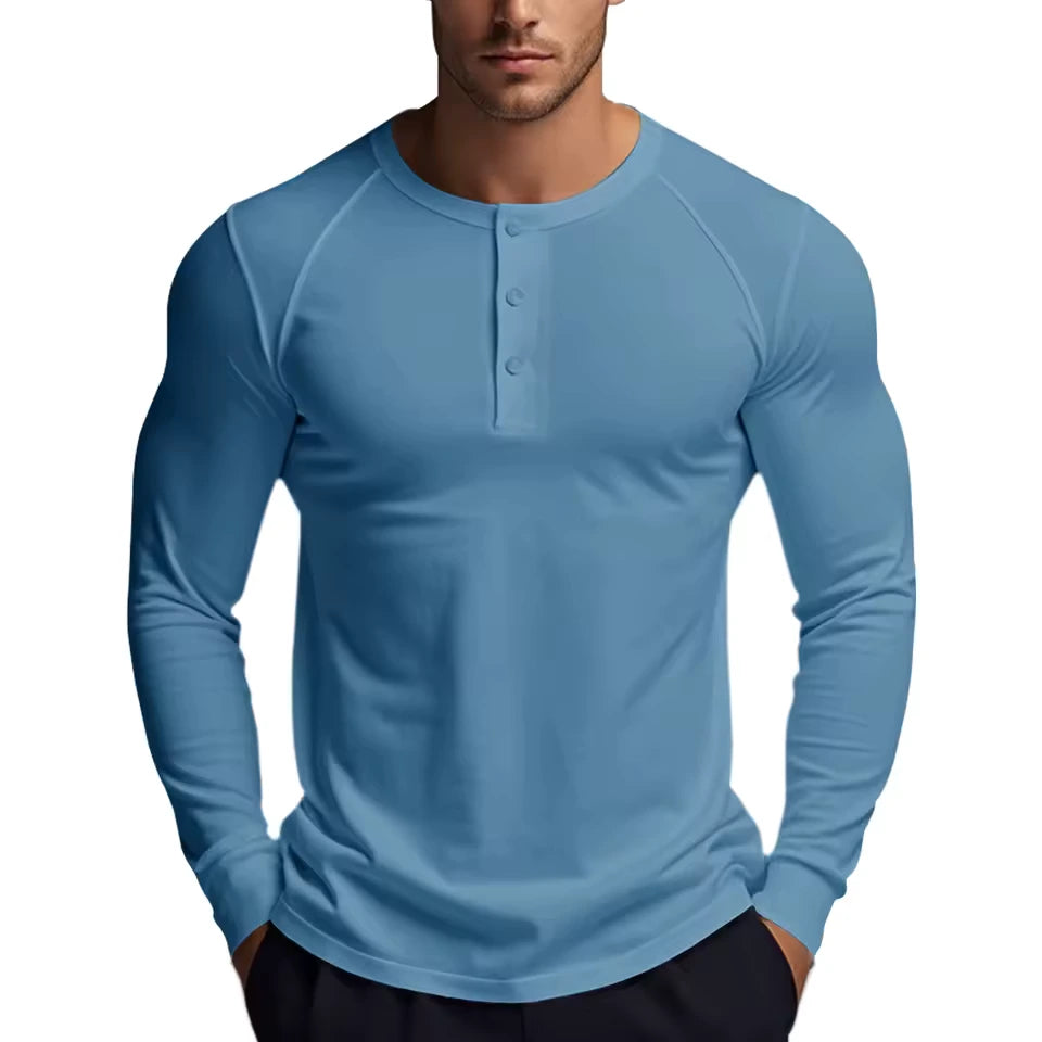 Men’s Stretch Cotton Henley Long Sleeve T-Shirt