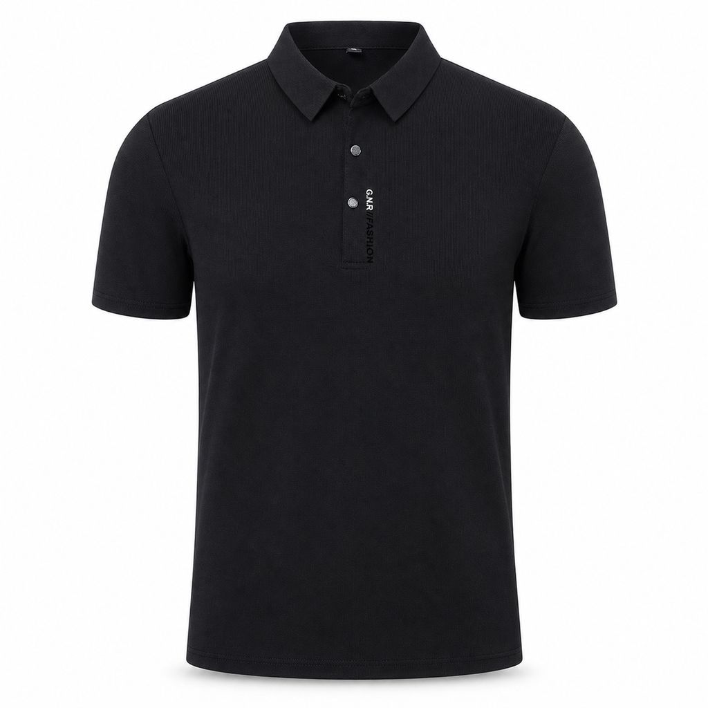 Black Arzadea crease-resistant knit polo on an invisible mannequin