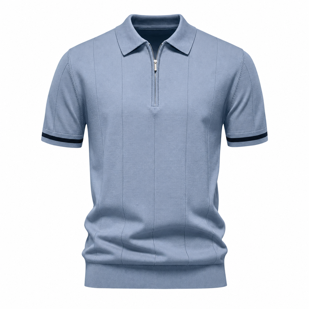 Sea Blue men's breathable quarter-zip knit polo on an invisible mannequin