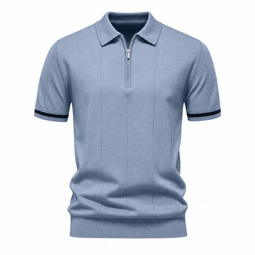 Sea Blue men's breathable quarter-zip knit polo on an invisible mannequin