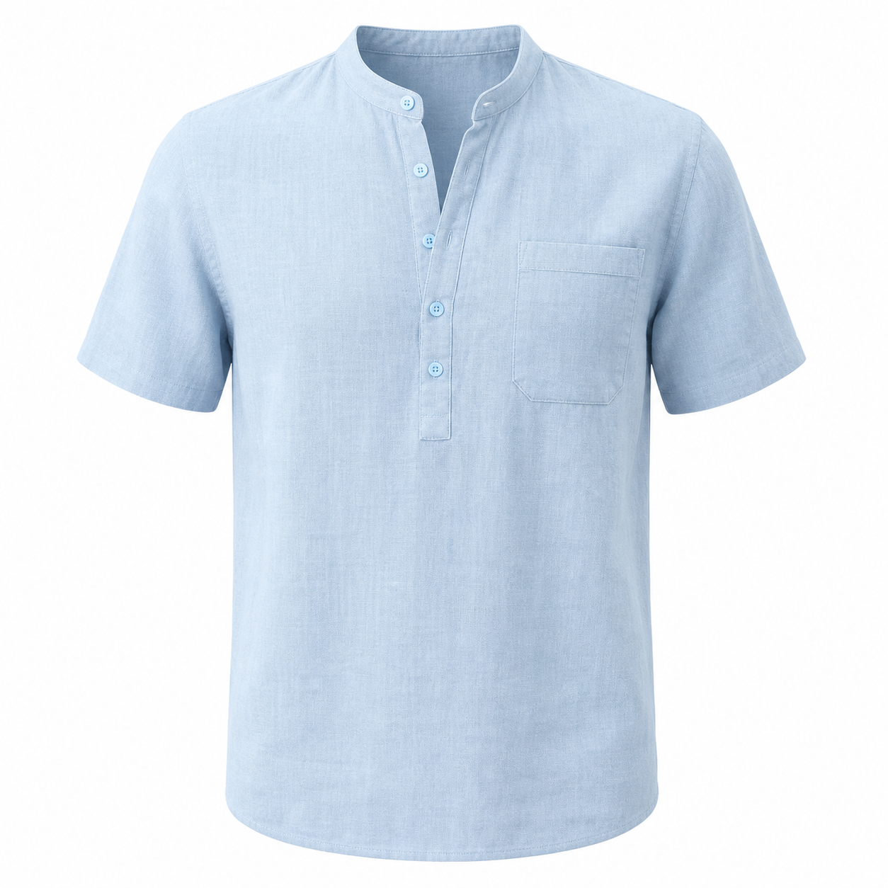 Light Blue men's cotton-linen Henley T-shirt on an invisible mannequin