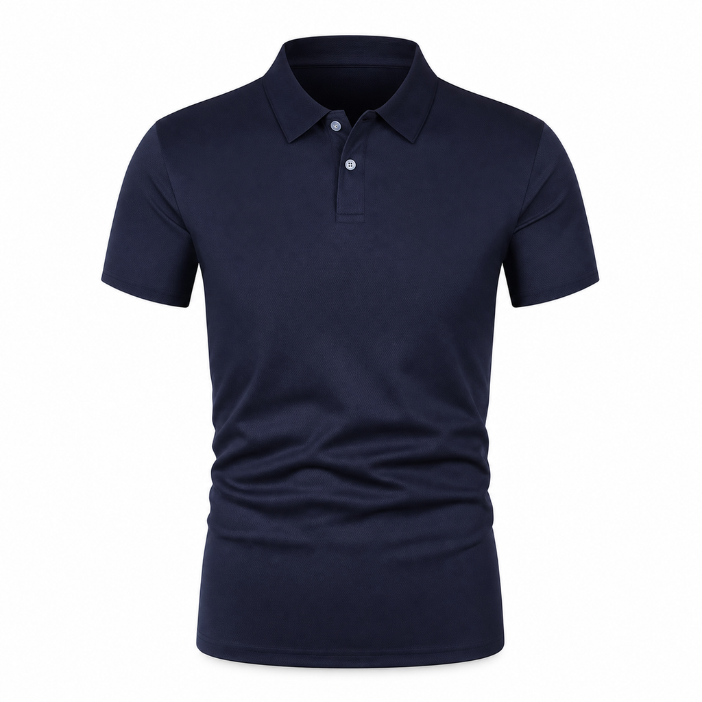 Navy men's essential summer polo on an invisible mannequin