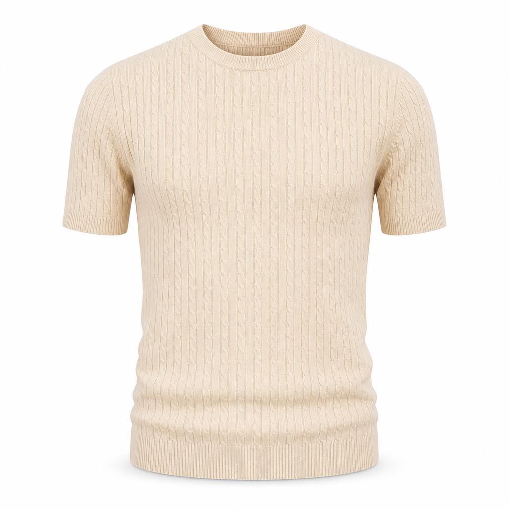 Beige men's lightweight cable-knit T-shirt on an invisible mannequin