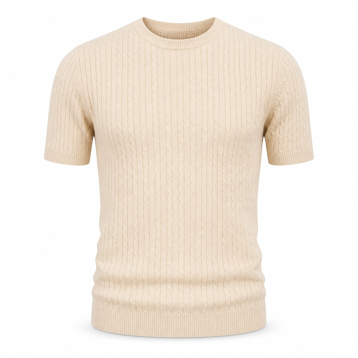 Beige men's lightweight cable-knit T-shirt on an invisible mannequin