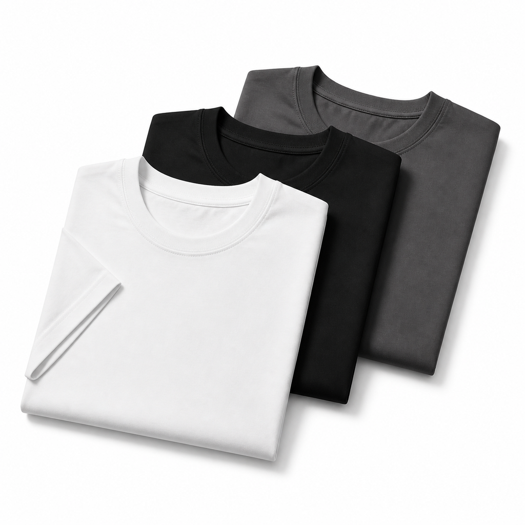White, Black and Dark Grey men's moisture-wicking T-shirts folded together