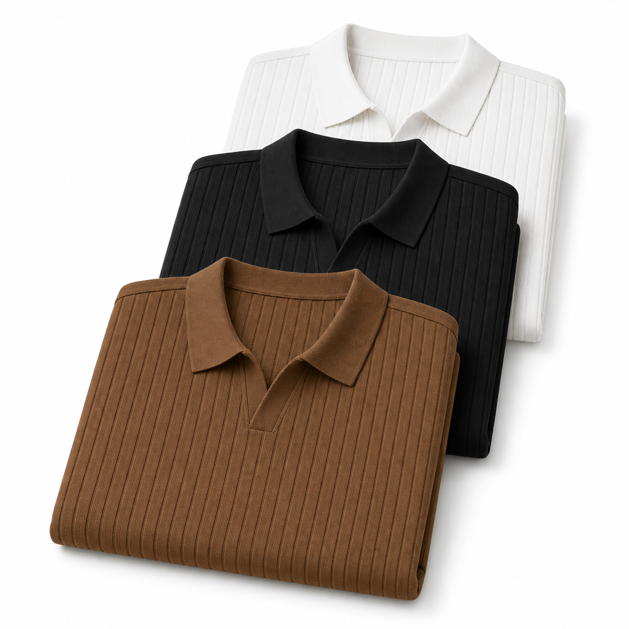 White, Black and Brown men's open-collar polos folded together