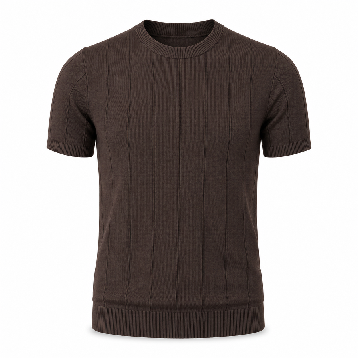 Brown men's breathable textured knit T-shirt on an invisible mannequin