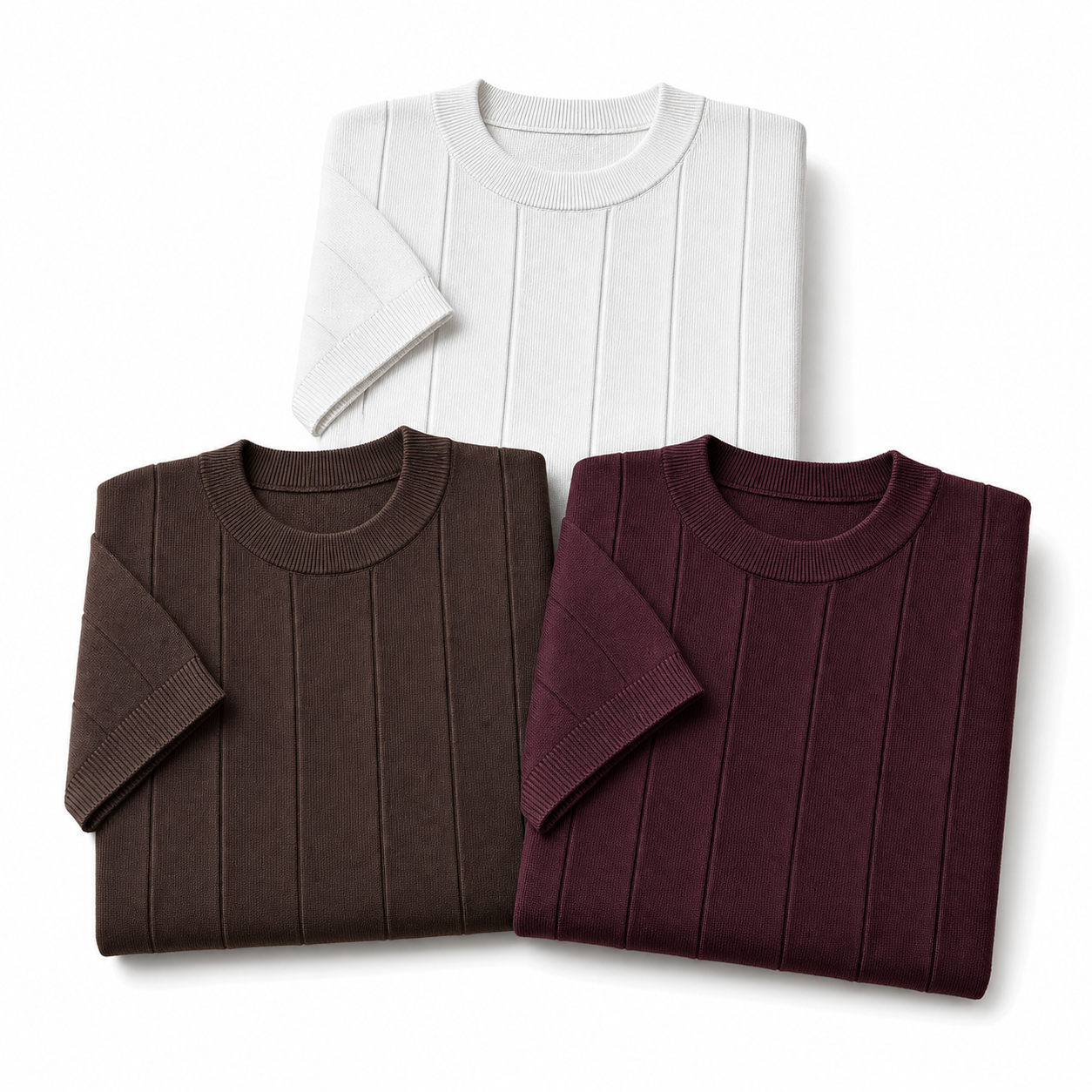 White, Brown and Red men's textured knit T-shirts folded together